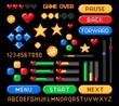 © Vector Tradition - Pixel art 8bit game interface, retro buttons and loading bars, rating and health vector icons. 8 bit pixel game asset for video arcade UI and menu with levels arrows, pause and start buttons