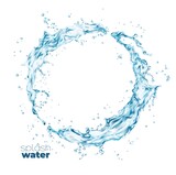 Fototapeta Łazienka - Round swirl water flow splash with splatters, vector isolated clean blue water wave. Water pour flow circle splashing with drops, liquid blue clear aqua with fresh droplets of crystal pure drink