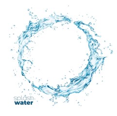 Wall Mural - Round swirl water flow splash with splatters, vector isolated clean blue water wave. Water pour flow circle splashing with drops, liquid blue clear aqua with fresh droplets of crystal pure drink