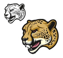 Angry Cheetah Cartoon Animal Mascot, Roaring Wild Cat Head, Vector Character. School Sport Team Or University Football Or Soccer Club Symbol Of Cheetah A With Fierce Fangs. Cartoon Beast