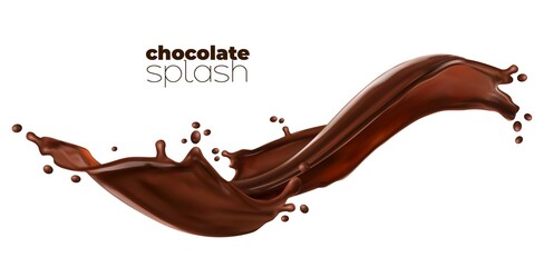 Chocolate or cocoa milk wave with flow splash. Vector isolated dessert drink with drops. Realistic choco stream or long wave splash of milky chocolate sweet syrup with spill splatter