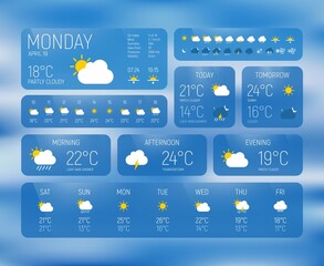 weather forecast and meteorology widget app interface with tables and charts. weather forecast vecto