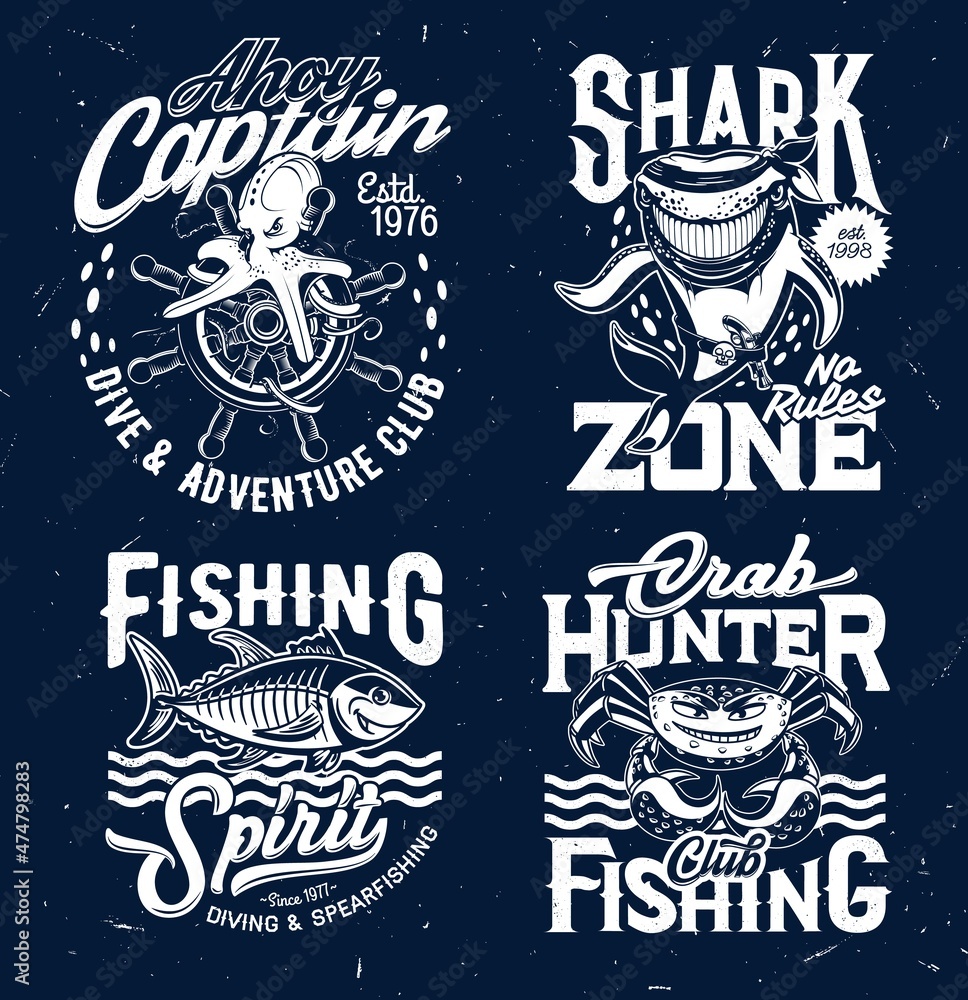 Diving and fishing club t-shirt print templates with mascots. Octopus ...