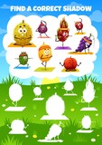 Fototapeta Pokój dzieciecy - Find correct shadow of cartoon fruit characters on yoga, kids game vector worksheet. Find and match silhouettes of tropical melon, fig and grape, melon and durian on pilates sport or yoga meditation