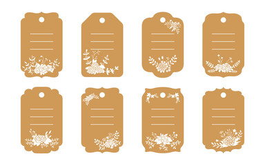 Wall Mural - Blank labels template brown set. Price craft tags stickers. Decorated white floral composition, flower branch and leaf. Various decorative flat cartoon frame paper collection. Vector illustration