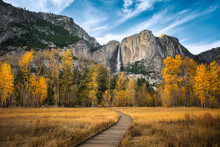 Yosemite Falls During Autumn With Blue Clouds