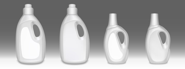 Household chemicals bottles, detergent tubes with handles mockup. Isolated white blank plastic cleaning package. Liquid soap, stain remover, laundry bleach or cleaner template, Realistic 3d vector set