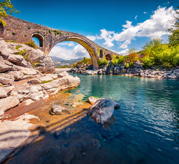 Poster - Spectacular spring view of Old Mes Bridge. Majestic morning landscape of Shkoder. Breathtaking outdoor scene of Albania, Europe. Traveling concept background.