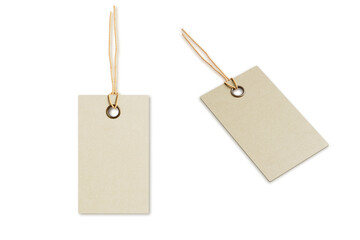 Wall Mural - Blank Kraft paper tag tied for hang on product for show price or discount isolate on white background with clipping path. 3d rendering.