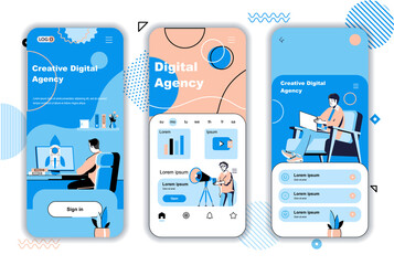 Leinwandbilder - Digital agency concept onboarding screens for mobile app templates. Online promotion, marketing, data analysis. UI, UX, GUI user interface kit with people scenes for web design. Vector illustration