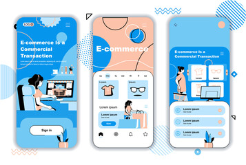 Poster - E-commerce concept onboarding screens for mobile app templates. Customers shopping and paying at website of store. UI, UX, GUI user interface kit with people scenes for web design. Vector illustration