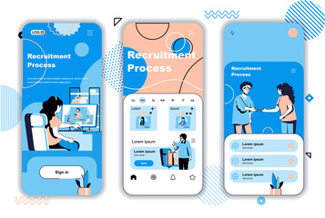 Leinwandbilder - Recruitment process concept onboarding screens for mobile app templates. Human resources, resume and interview. UI, UX, GUI user interface kit with people scenes for web design. Vector illustration