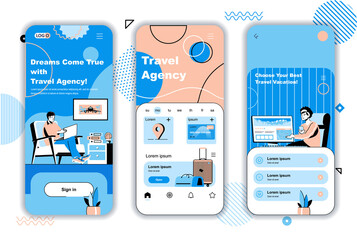 Aufkleber - Travel agency concept onboarding screens for mobile app templates. Operator helps to choose tour, trip, vacation. UI, UX, GUI user interface kit with people scenes for web design. Vector illustration