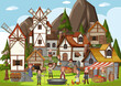 Medieval town scene with villagers