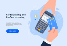 A person pays for a purchase by credit or debit card. Contactless payment system or technology, EMV chip concept. Vector flat illustration for banners, landing page.