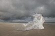 © Milou Dirks - Fine Art portrait of  Woman in white dress on the beach wrapped in plastic sheet in storm and sunlight