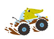 Crocodile in an SUV in the mud. Cute cartoon character in simple hand drawn childish style. Vector isolated illustration on a white background. Colorful palette.