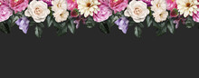 Floral Banner, Header With Copy Space. Roses, Tulips And Dahlia Isolated On Dark Grey Background. Natural Flowers Wallpaper Or Greeting Card.
