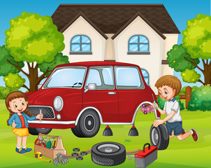 Canvas Print - Outdoor scene with dad and daughter fixing a car together