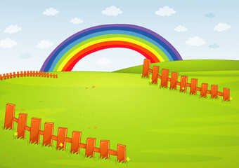 Wall Mural - Blank meadow with wooden fences and rainbow