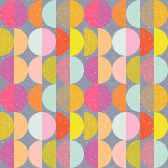 Aufkleber - Modern vector abstract seamless geometric pattern with semicircles and circles in retro scandinavian style. Pastel colored colorful shapes with worn out texture .