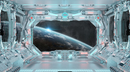 Leinwandbilder - White spaceship interior with glowing blue and red lights. Futuristic spacecraft with large window view on planet Earth. 3D rendering