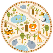 Print. Vector Tropical Maze With Animals In Safari Park. Cartoon Tropical Animals. African Animals. Road In A Safari Park. Game For Children. Children's Play Mat.

