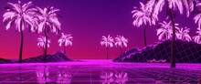 Purple Neon Wireframe Landscape With Palm Trees Against Violet Sunset Sky. Cyberpunk Scene. Cyberspace Art. Futuristic Wallpaper In Style Of 80's. Synthwave Stylization. 3d Illustration.