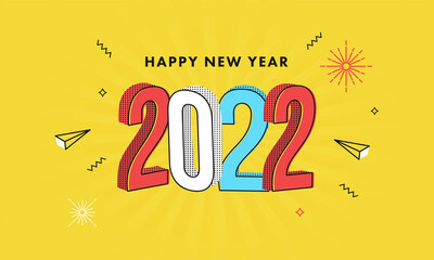 Sticker - Colorful Halftone Effect 2022 Number With Fireworks, Triangle Elements On Yellow Background For Happy New Year.