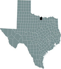 Black Highlighted Location Map Of The Montague County Inside Gray Administrative Map Of The Federal State Of Texas, USA