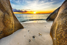 Anse Source D'Argent Beach In The Seychelles At Sunset