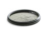 Closeup high angle studio shot of black circular polarizer filter with cracked glass, isolated on white background. Concept for photo gear damage, accident, repair or insurance.