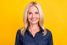 Photo Of Sweet Adorable Retired Woman Wear Jeans Clothes Smiling Isolated Yellow Color Background