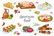 Georgian food elements isolated set. Bundle of traditional dishes of Georgia - khachapuri in bread, khinkali, flat cakes, barbecue, desserts, wine and other. Vector illustration in flat cartoon design