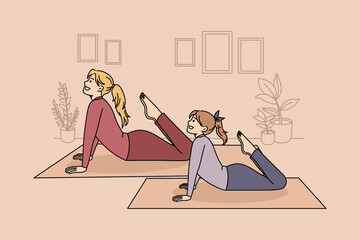 Wall Mural - Family healthy lifestyle and yoga concept. Positive mother and daughter practicing yoga pilates or stretching at home together vector illustration 