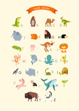 Fototapeta Konie - Print. Vector english alphabet with animals for children. educational poster with cute animals. Cartoon animals: crocodile, bears, elephant, lion, fox, kangaroo, monkey, unicorn, camel, snake, whale, 