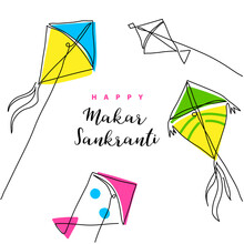 Makar Sankranti Vector Banner, Poster. Kite One Line Art Drawing Background. Continuous Lineart With Text Happy Makar Sankranti