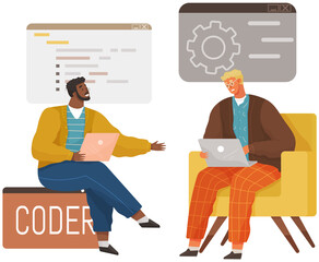 Programmer engineering and coding. Coder programmers working on web development on computer. Concept of script coding and programming in php, javascript, python, other languages. Software developers