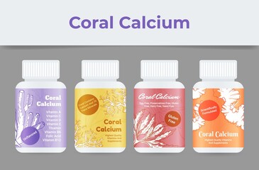 Plastic jars with coral calcium vitamin nutritional supplements set vector flat illustration