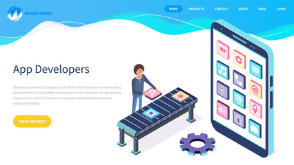 Development of mobile application, new program concept. Programming, software, apps for electonic devices. Website for app developers landing page template. Man creating mockup of smartphone interface