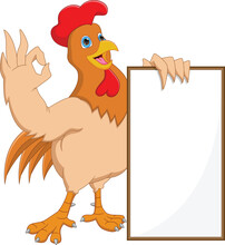 Cartoon Cute Rooster With Blank Sign 