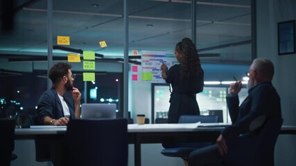 Aufkleber - Office Conference Room Meeting: Diverse Team of Top Managers Talk, Brainstorm, Use Laptop Computer. Business Partners Discuss Financial Reports, Plan Investment Strategy and Managerial Operations.