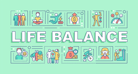 Poster - life balance word concepts green banner. healthy lifestyle. infographics with linear icons on backgr