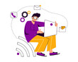 The person sits on the file icon and sends emails. Male character with laptop. Communication, global network concept for banner, website design or landing page