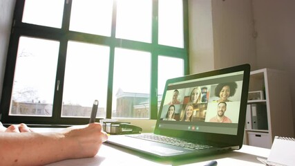 Poster - remote job, technology and people concept - young businesswoman with laptop computer and papers working at home office and having video conference