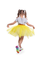 Sticker - Cute little girl in tutu skirt dancing on white background, back view