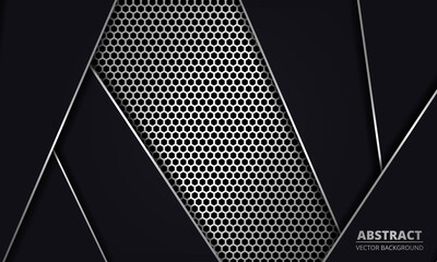 Wall Mural - Silver honeycomb textured grid with black shapes. Grey metal hexagonal carbon fiber abstract background. Futuristic, modern, luxury metallic abstract background. Vector illustration