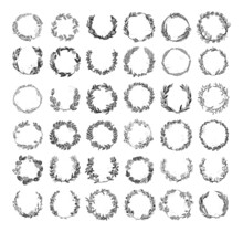 Collection Of Monochrome Illustrations Of Wreaths In Sketch Style. Hand Drawings In Art Ink Style. Black And White Graphics.
