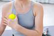 Close up Woman use Myofascial release massage balls on shoulder