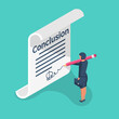Businesswoman writes conclusion, report concept. Paperwork, sheets in folder. Holding the clipboard and pen in hand.Finally, outcome, result.Vector illustration flat design.Isolated on background.